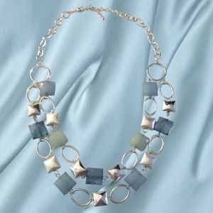 Shades of Silver, Blue, & Green Double Strand Statement Necklace